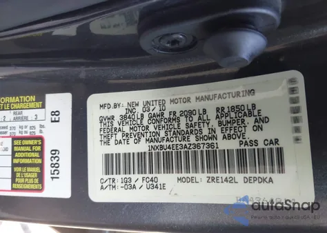 2010 Toyota Corolla Le from USA, damaged, VIN 1NXBU4EE3AZ367361